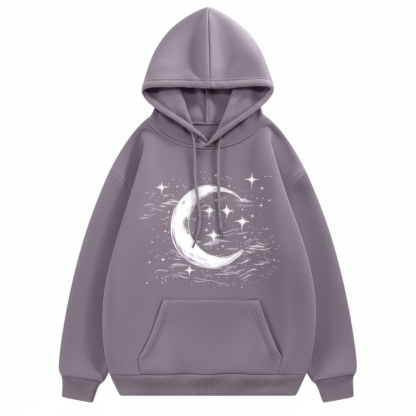 Celestial Crescent Moon And Stars Print Hoodie For Women