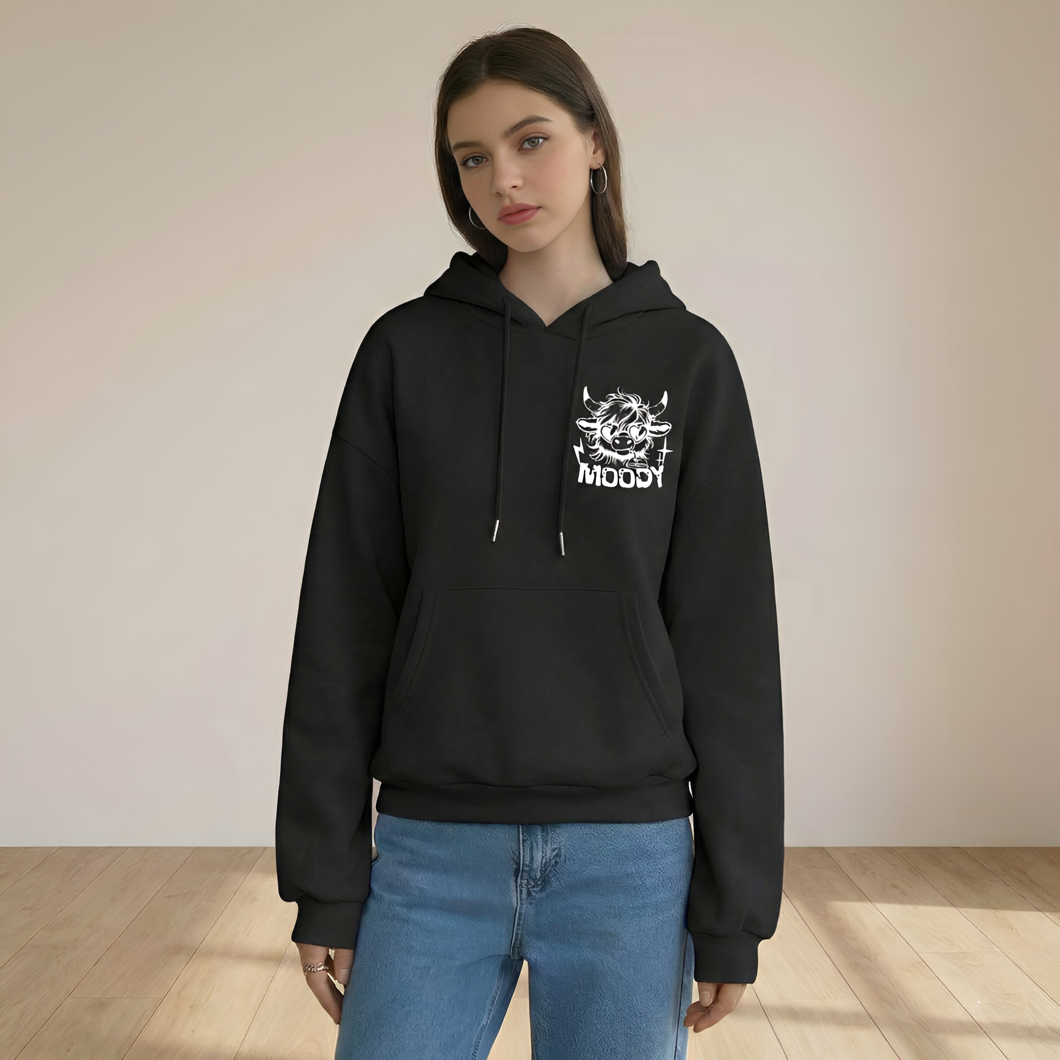 Highland Cow Graphic Print With Slogan Pullover Hoodie