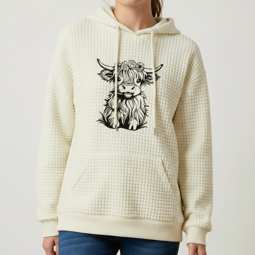 Waffle Knit Hoodie With Highland Cow Graphic For Women