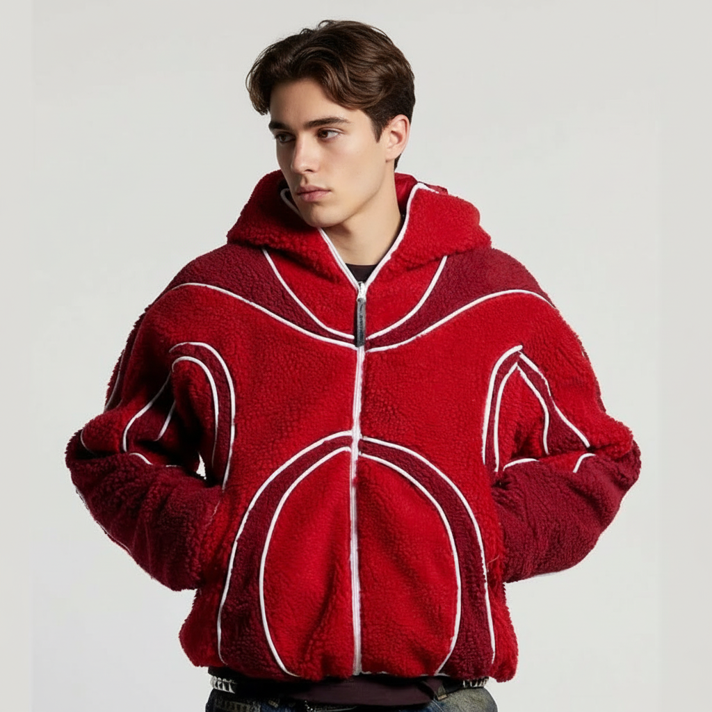 Oversized Sherpa Hoodie With Contrast Piping Detail