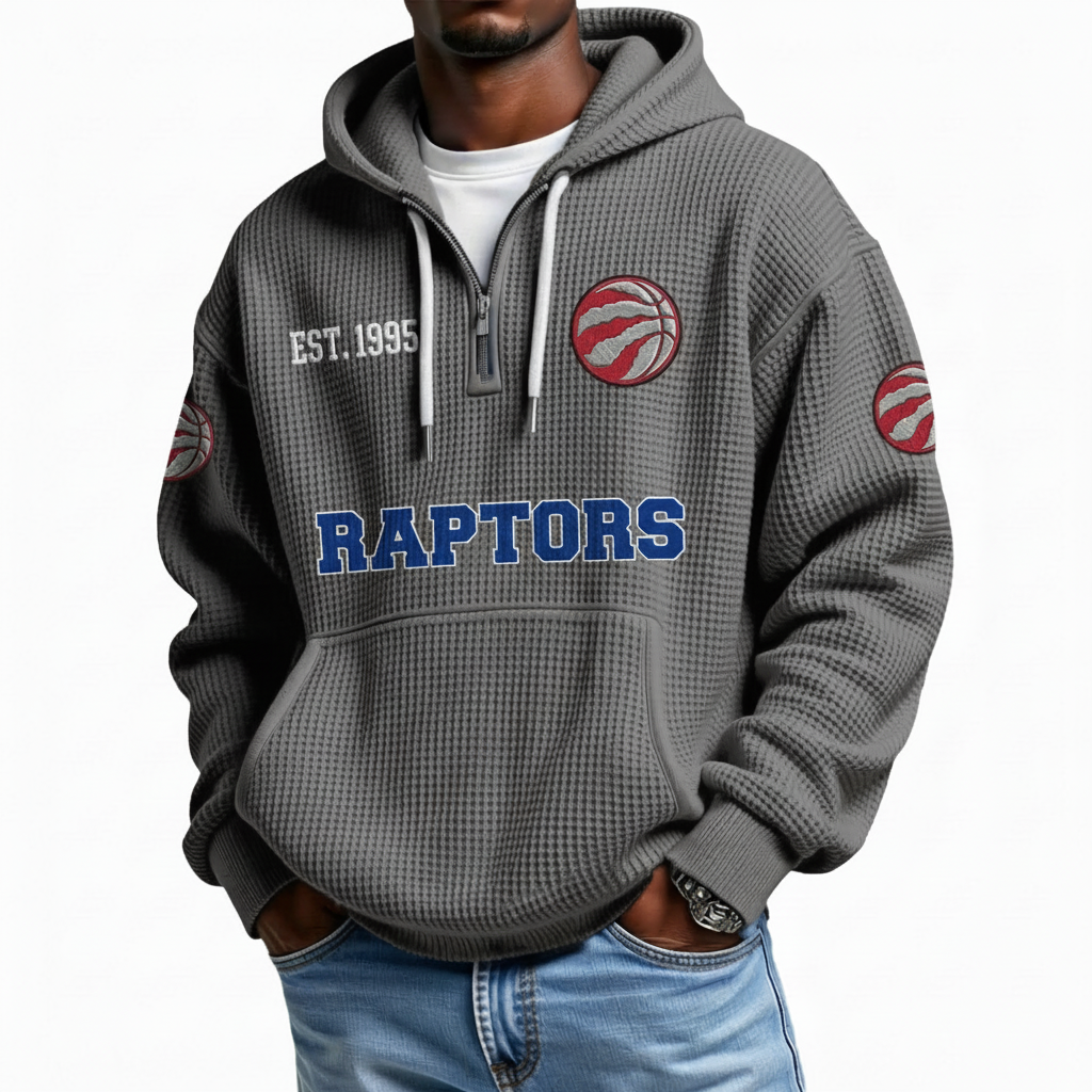 Toronto Raptors EST 1995 Printed Waffle Quarter Zip Basketball Fan Hoodie