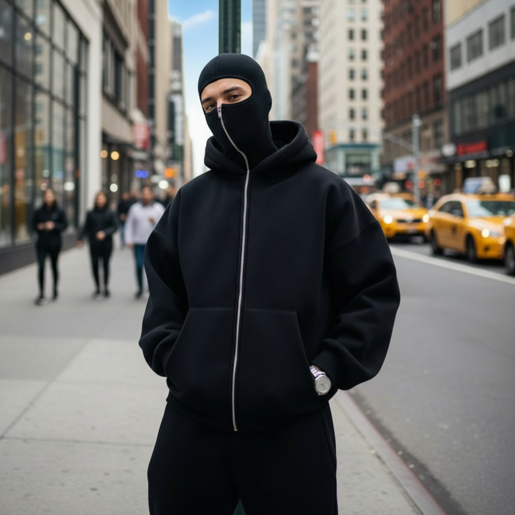 Zip Up Hoodie With Built In Mask For Winter Wear