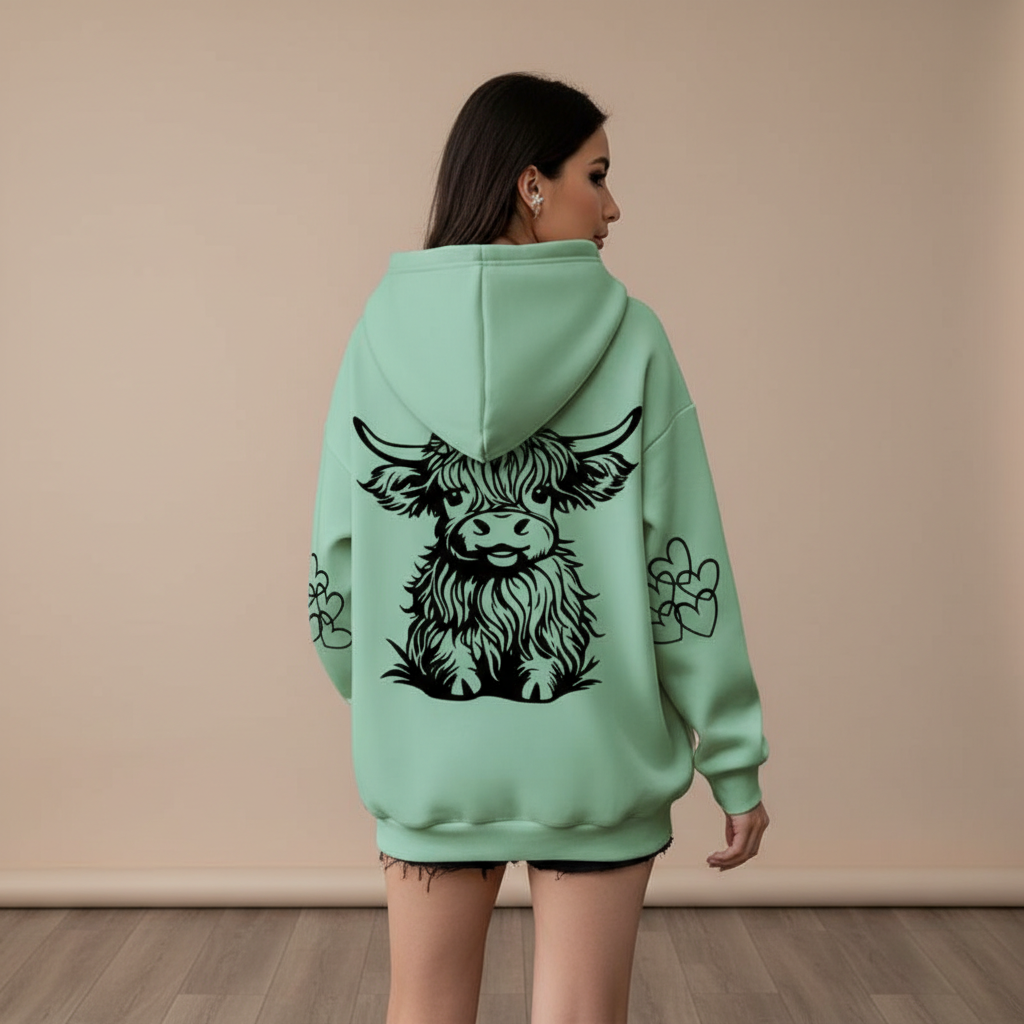 Casual Plus Size Cow Print Hooded Pullover Sweatshirt
