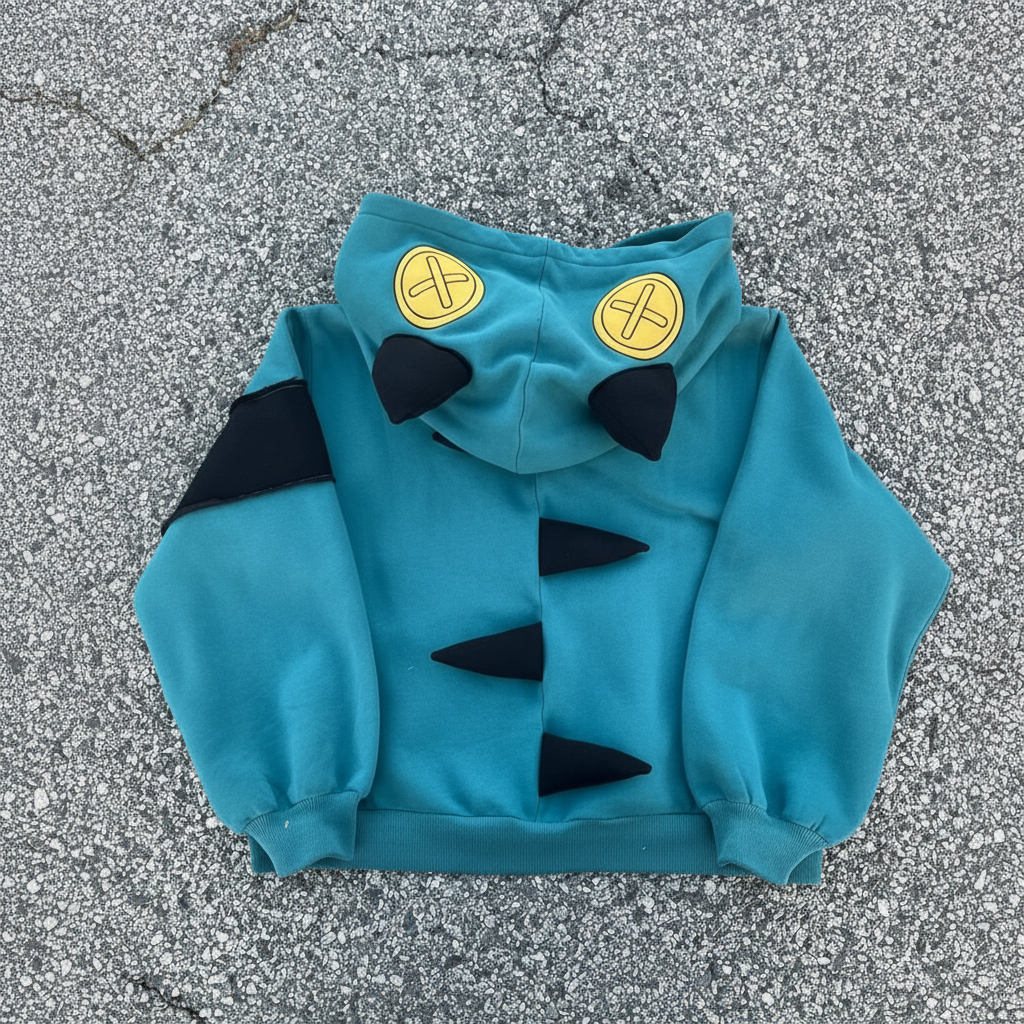 Cartoon Monster Hooded Sweatshirt With Half Zip Closure