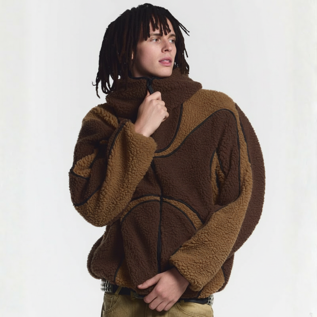Oversized Sherpa Hoodie With Contrast Piping Detail