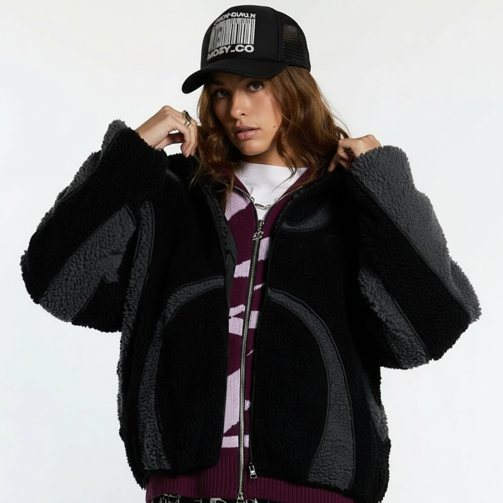 Oversized Sherpa Hoodie With Contrast Piping Detail