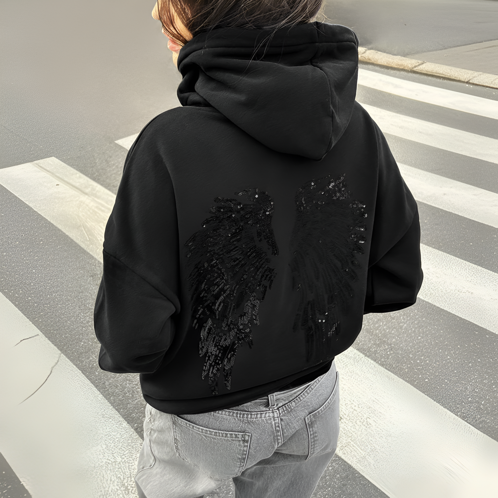 Angel Wings Design Sequin Hoodie For Women