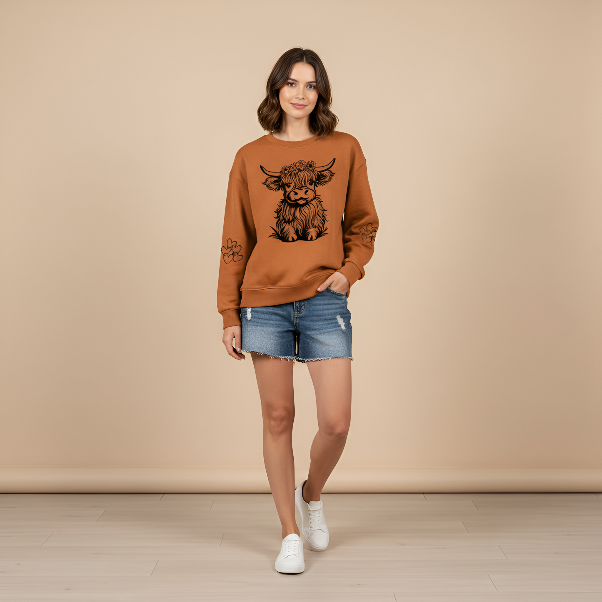 Cartoon Cow Print Casual Knit Sweatshirt