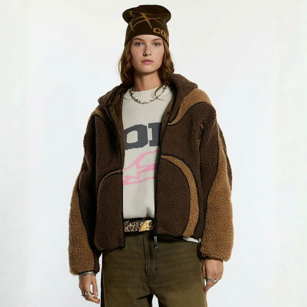 Oversized Sherpa Hoodie With Contrast Piping Detail