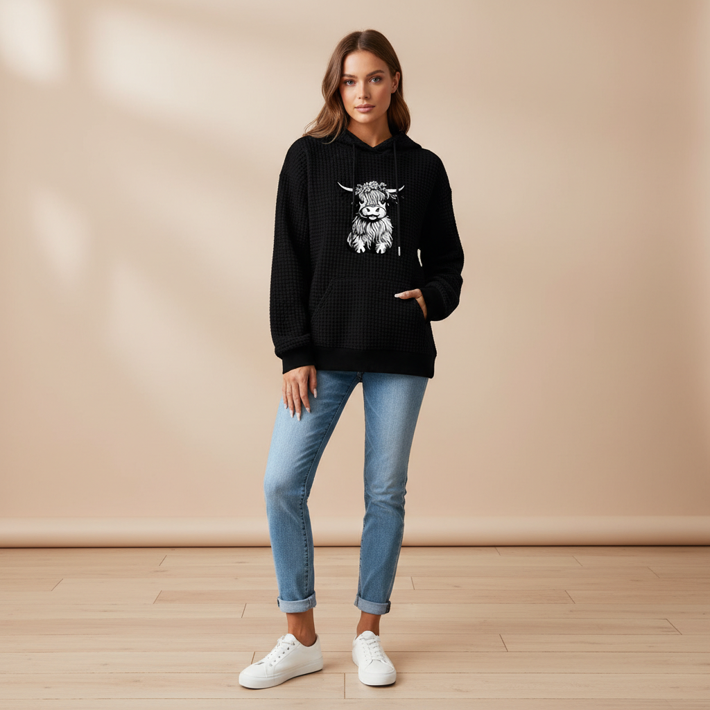 Waffle Knit Hoodie With Highland Cow Graphic For Women