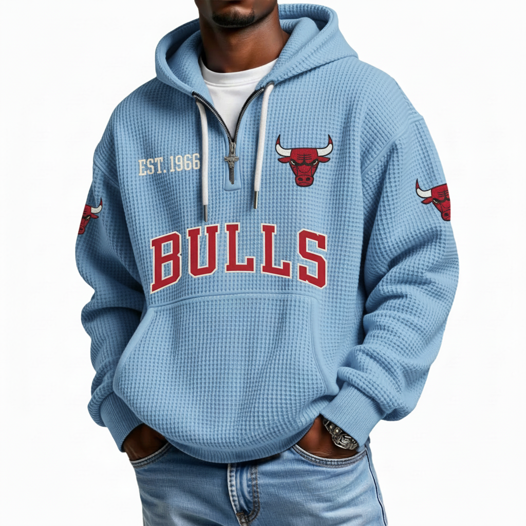 Chicago Bulls EST 1966 Printed Waffle Quarter Zip Basketball Fan Hoodie
