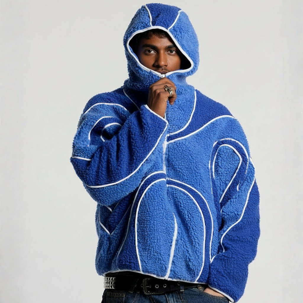 Oversized Sherpa Hoodie With Contrast Piping Detail