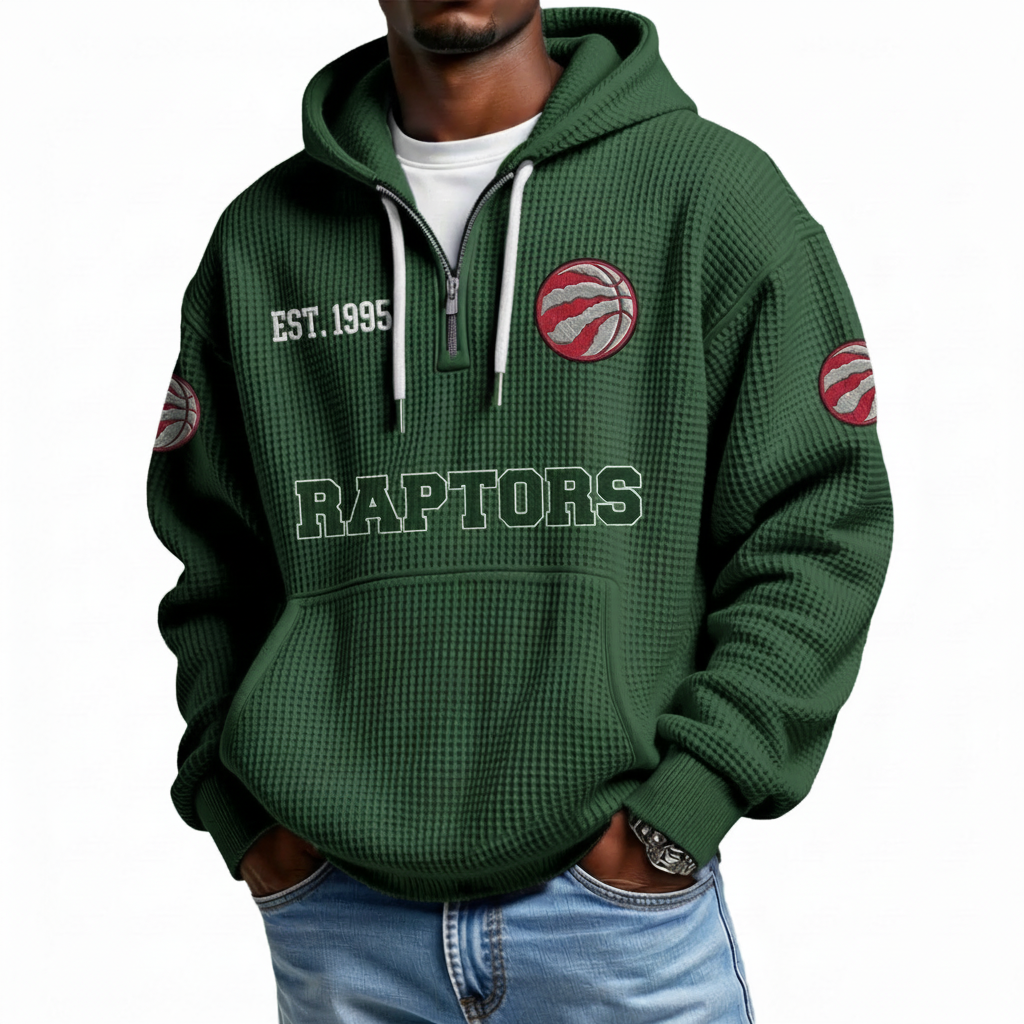 Toronto Raptors EST 1995 Printed Waffle Quarter Zip Basketball Fan Hoodie