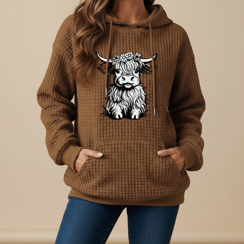 Waffle Knit Hoodie With Highland Cow Graphic For Women