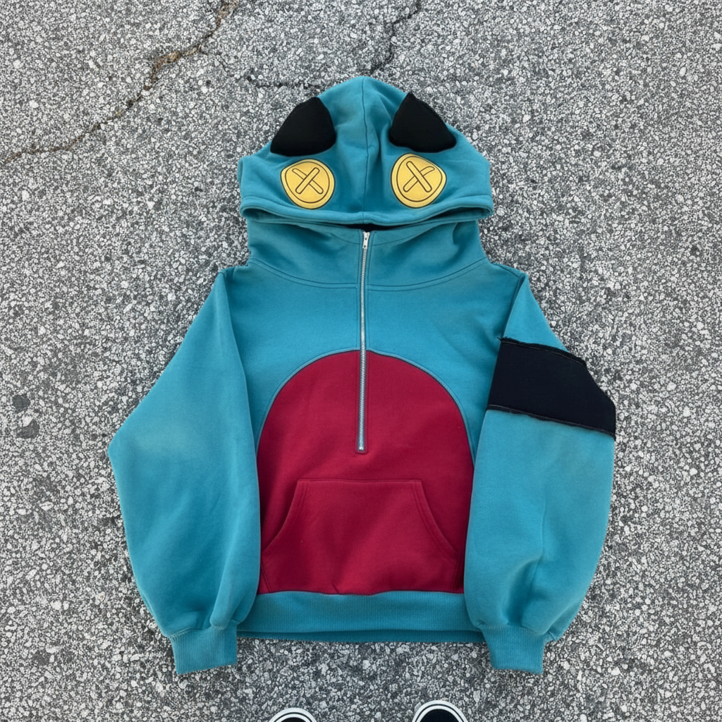 Cartoon Monster Hooded Sweatshirt With Half Zip Closure