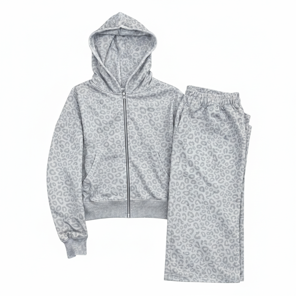 Casual Cheetah Print Zip Hoodie Lounge Set 