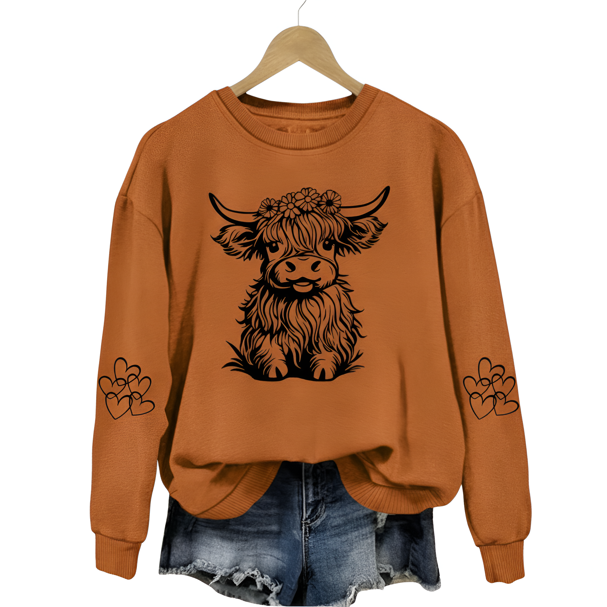 Cartoon Highland Cow Print Casual Knit Sweatshirt