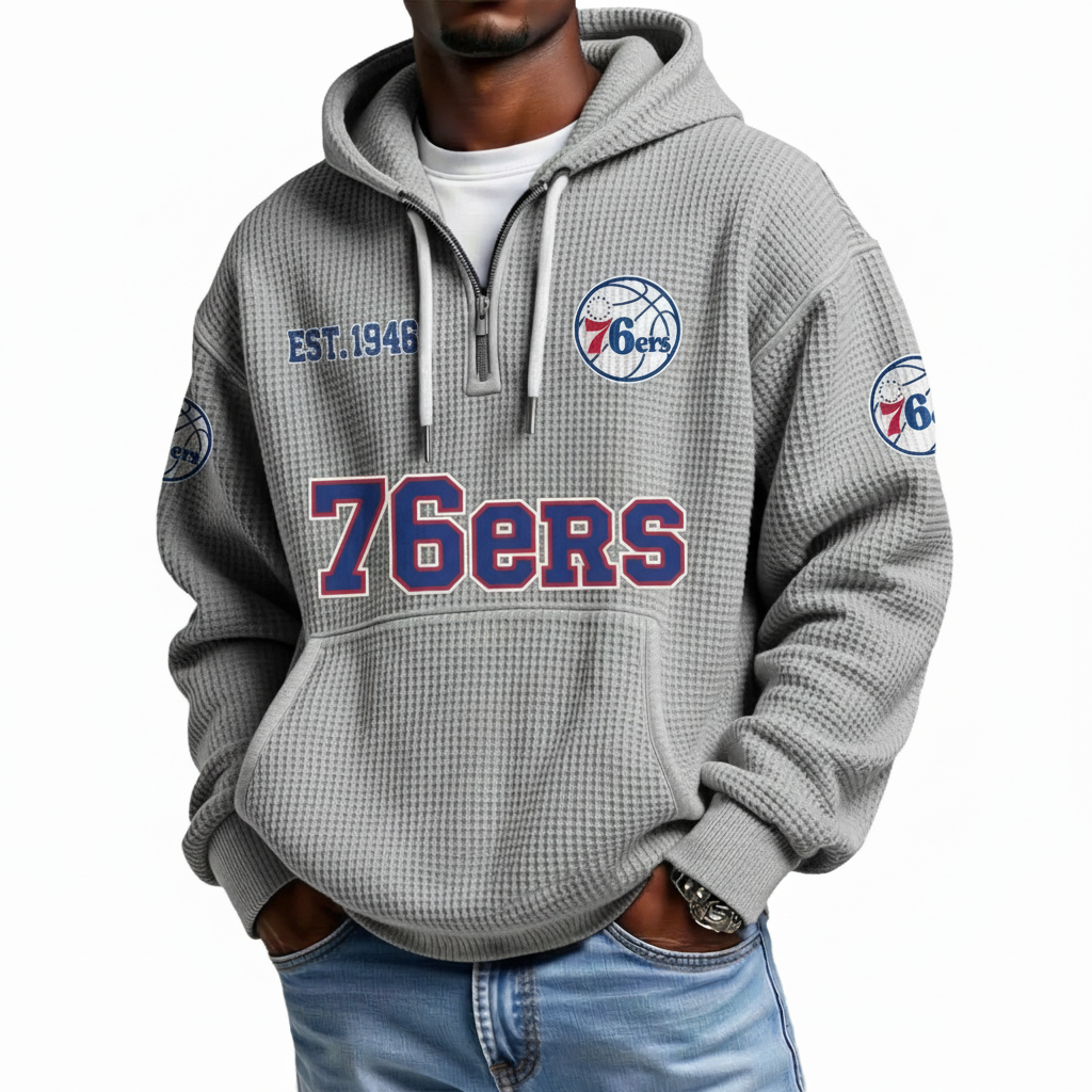 Philadelphia 76ers EST 1946 Printed Waffle Quarter Zip Basketball Fan Hoodie