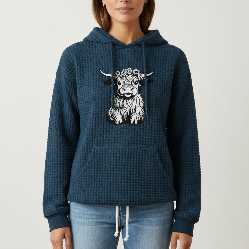Waffle Knit Hoodie With Highland Cow Graphic For Women