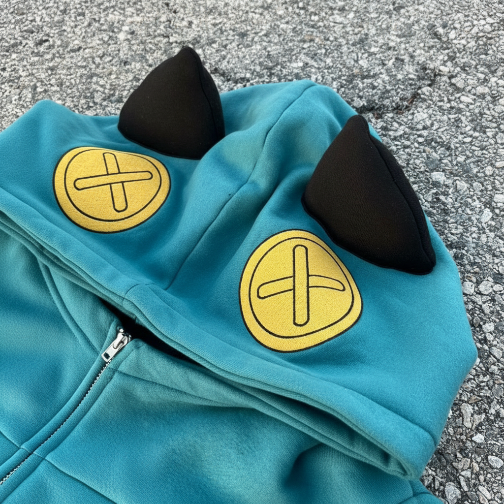 Cartoon Monster Hooded Sweatshirt With Half Zip Closure