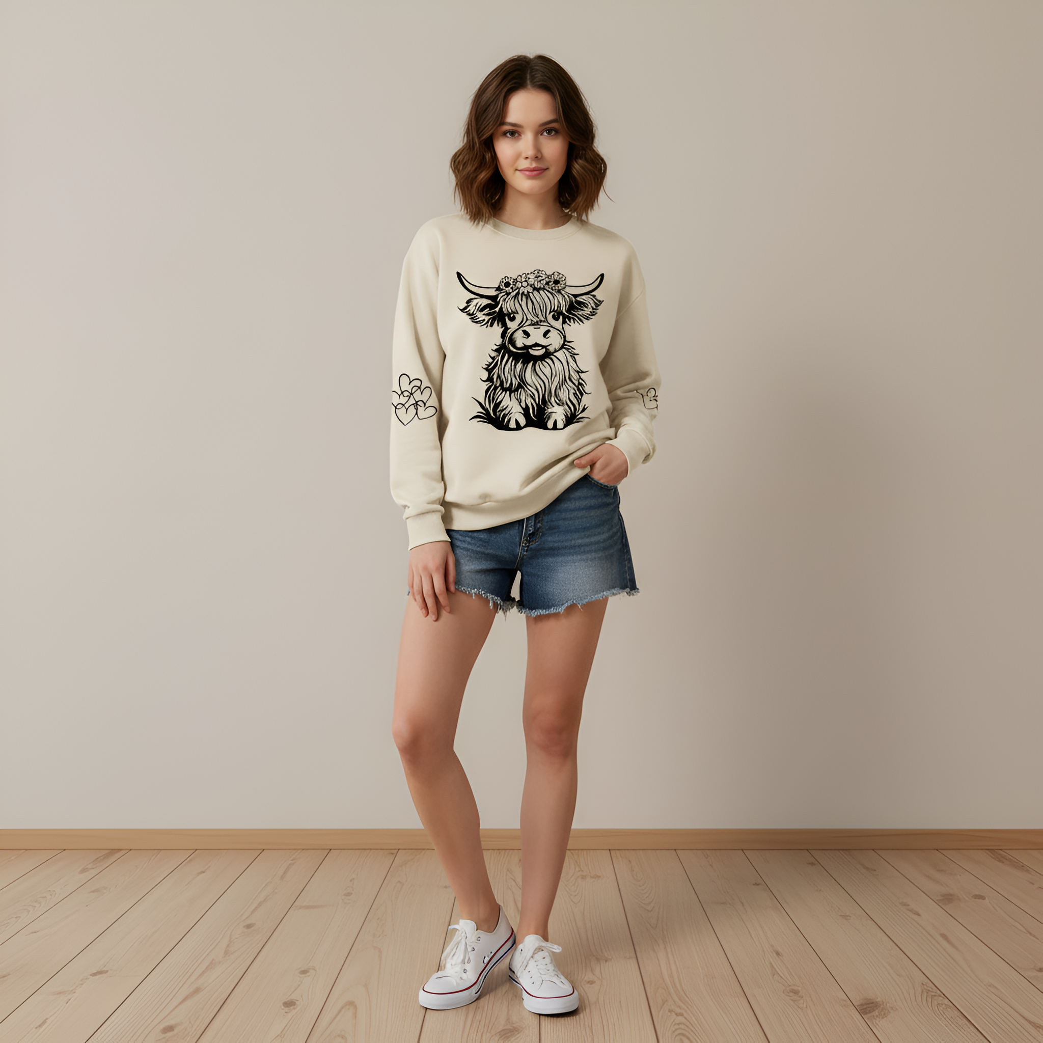 Cartoon Cow Print Casual Knit Sweatshirt