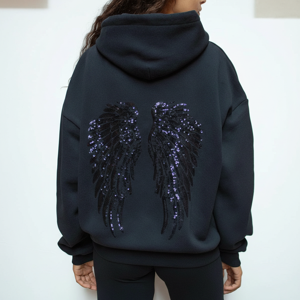 Angel Wings Design Sequin Hoodie For Women