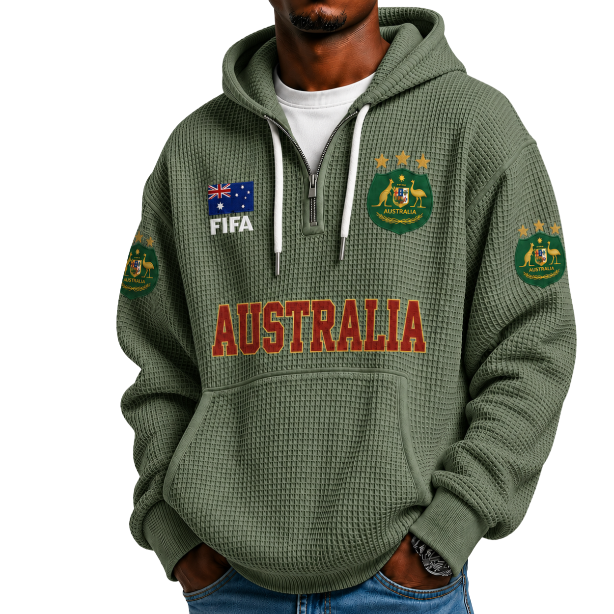 FIFA 2026 Australia Printed Waffle Quarter Zip Football Fan Hoodie