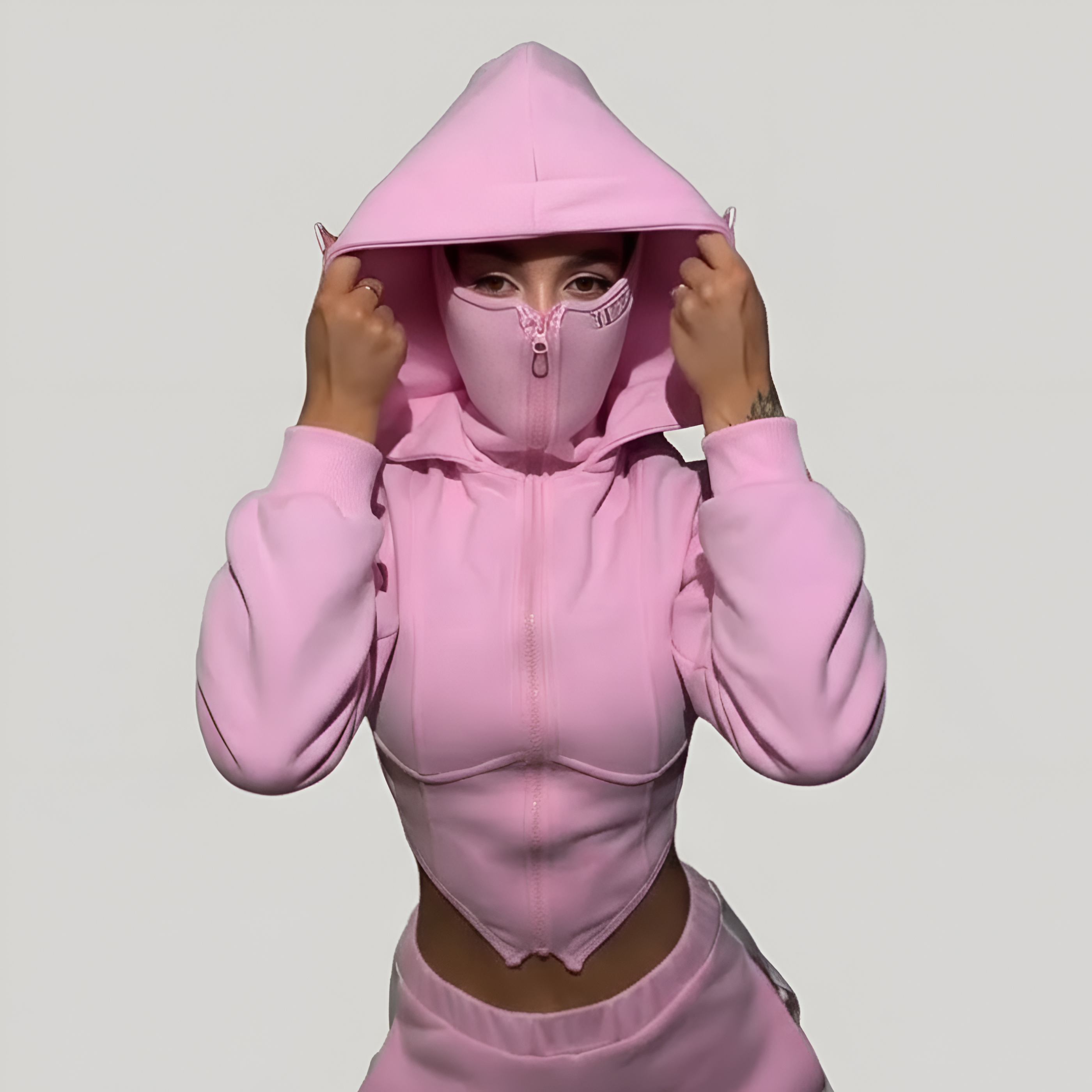 Hooded Zip Mask Sweatshirt Set With Cropped Jacket For Women