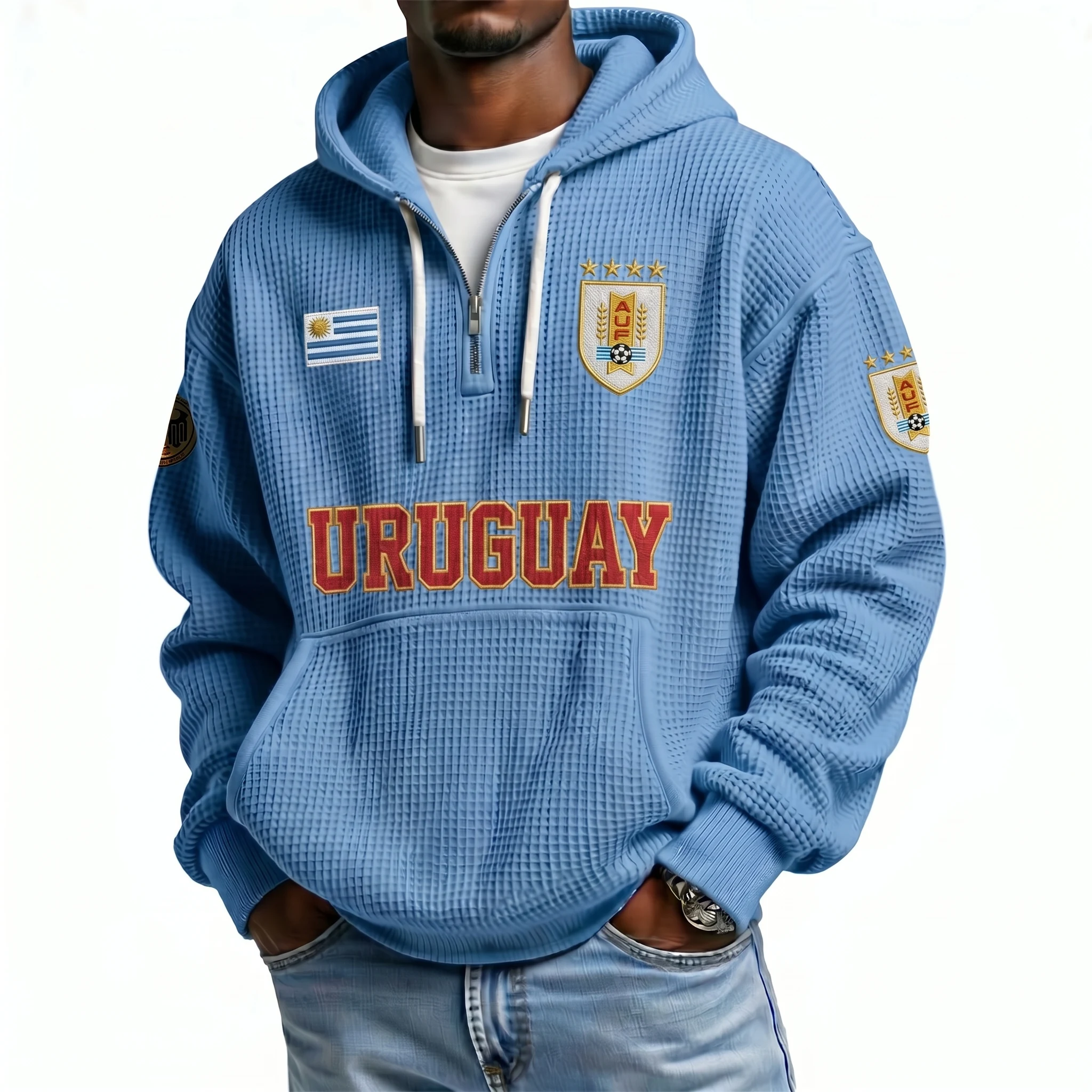 Uruguay Printed Waffle Quarter Zip Football Fan Hoodie