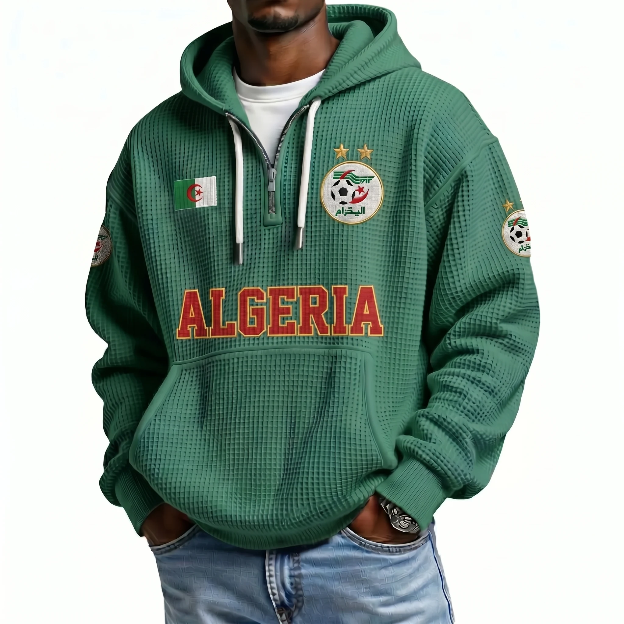 Algeria Printed Waffle Quarter Zip Football Fan Hoodie