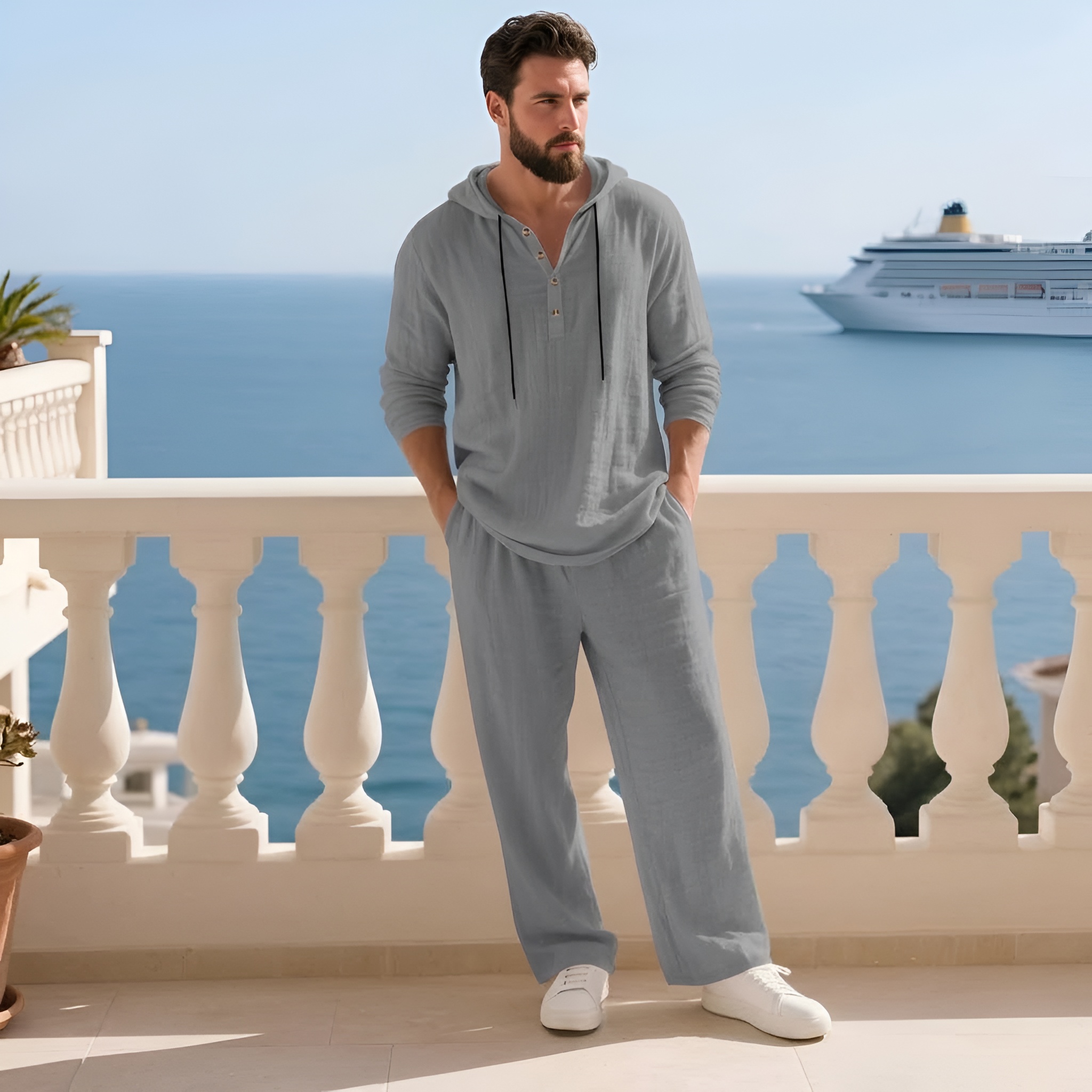 Two Piece Lounge Set With Hooded Top And Loose Pants For Men