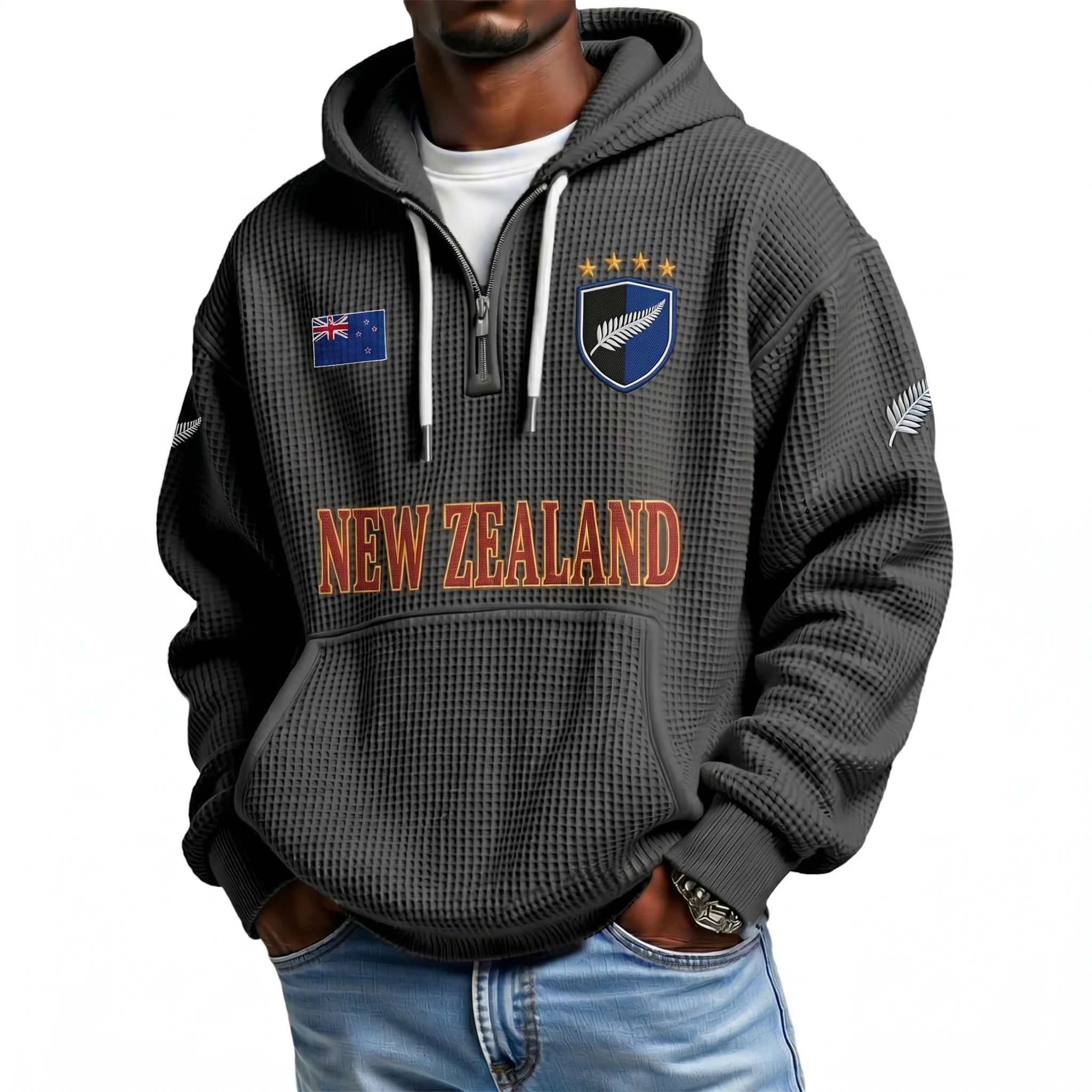 New Zealand Printed Waffle Quarter Zip Football Fan Hoodie