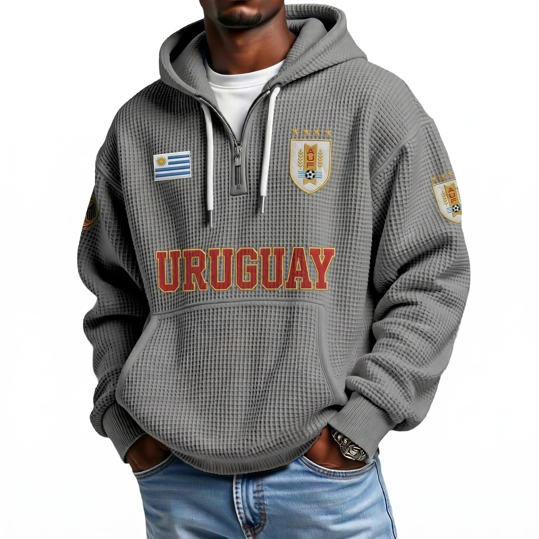 Uruguay Printed Waffle Quarter Zip Football Fan Hoodie