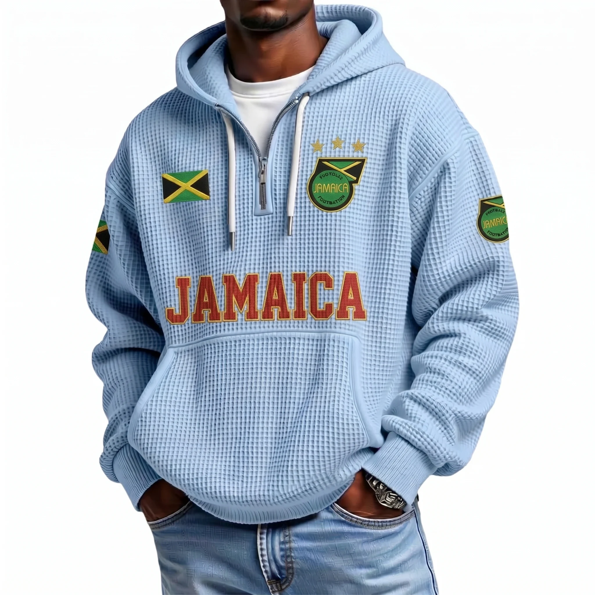 Jamaica Printed Waffle Quarter Zip Football Fan Hoodie