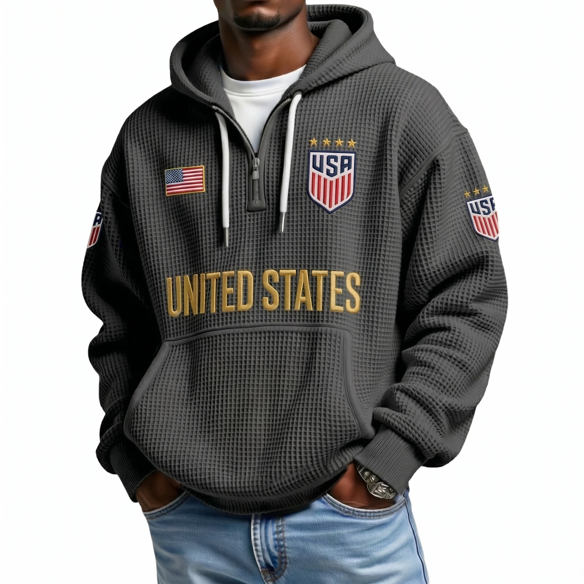 United States Printed Waffle Quarter Zip Football Fan Hoodie