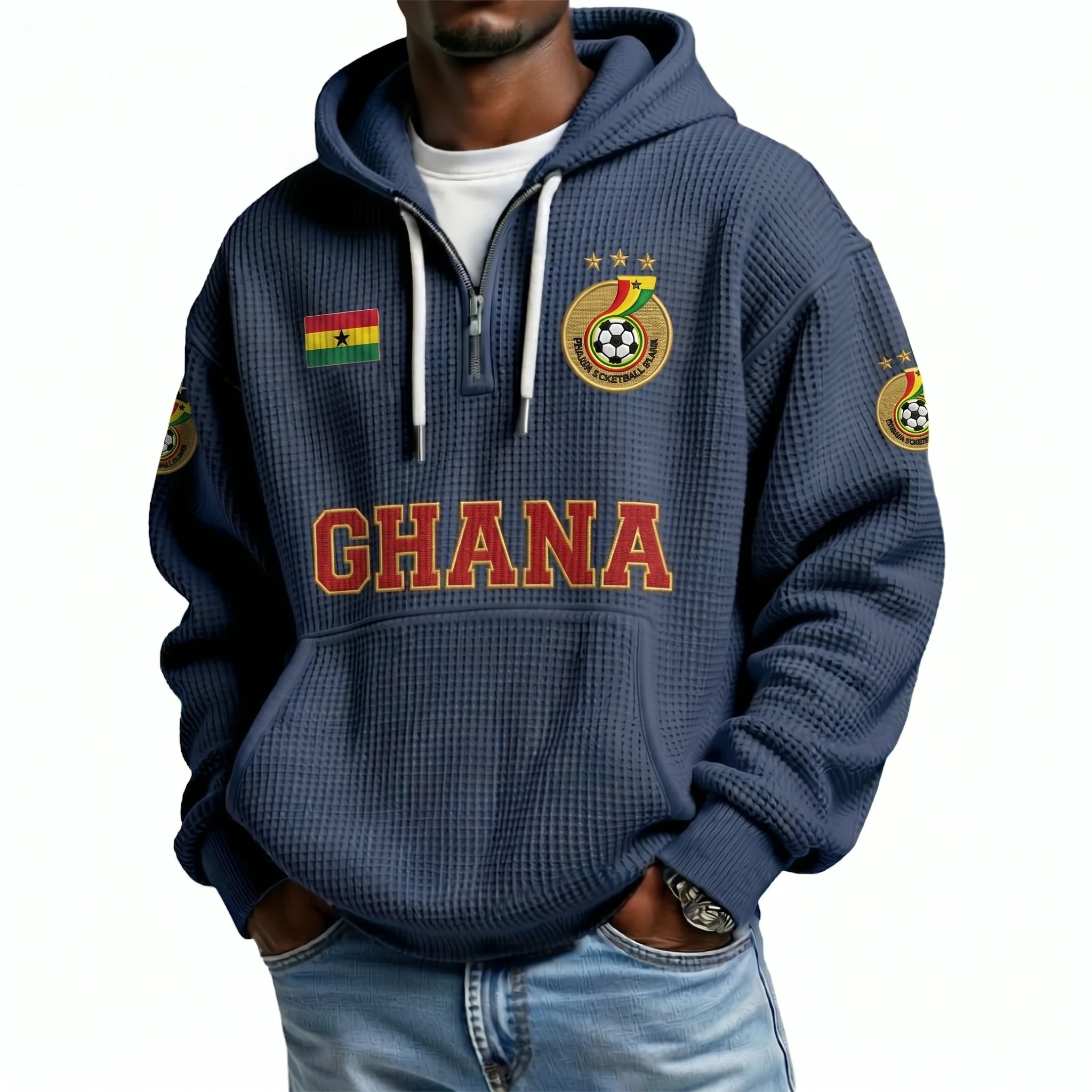 Ghana Printed Waffle Quarter Zip Football Fan Hoodie