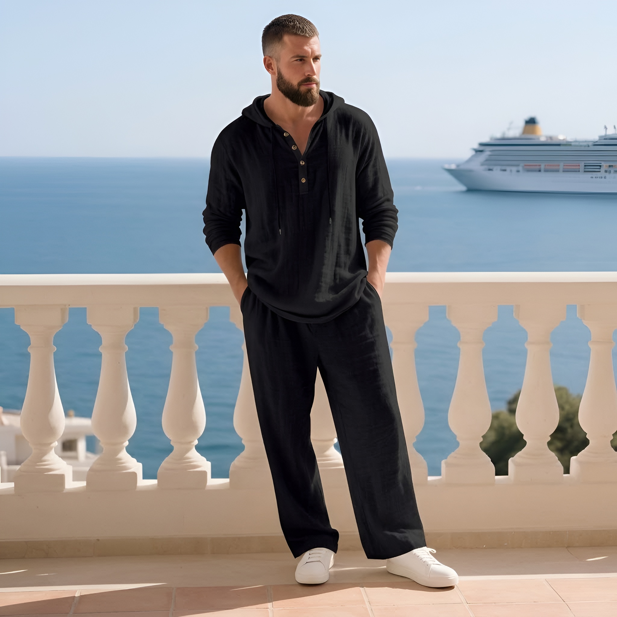 Two Piece Lounge Set With Hooded Top And Loose Pants For Men