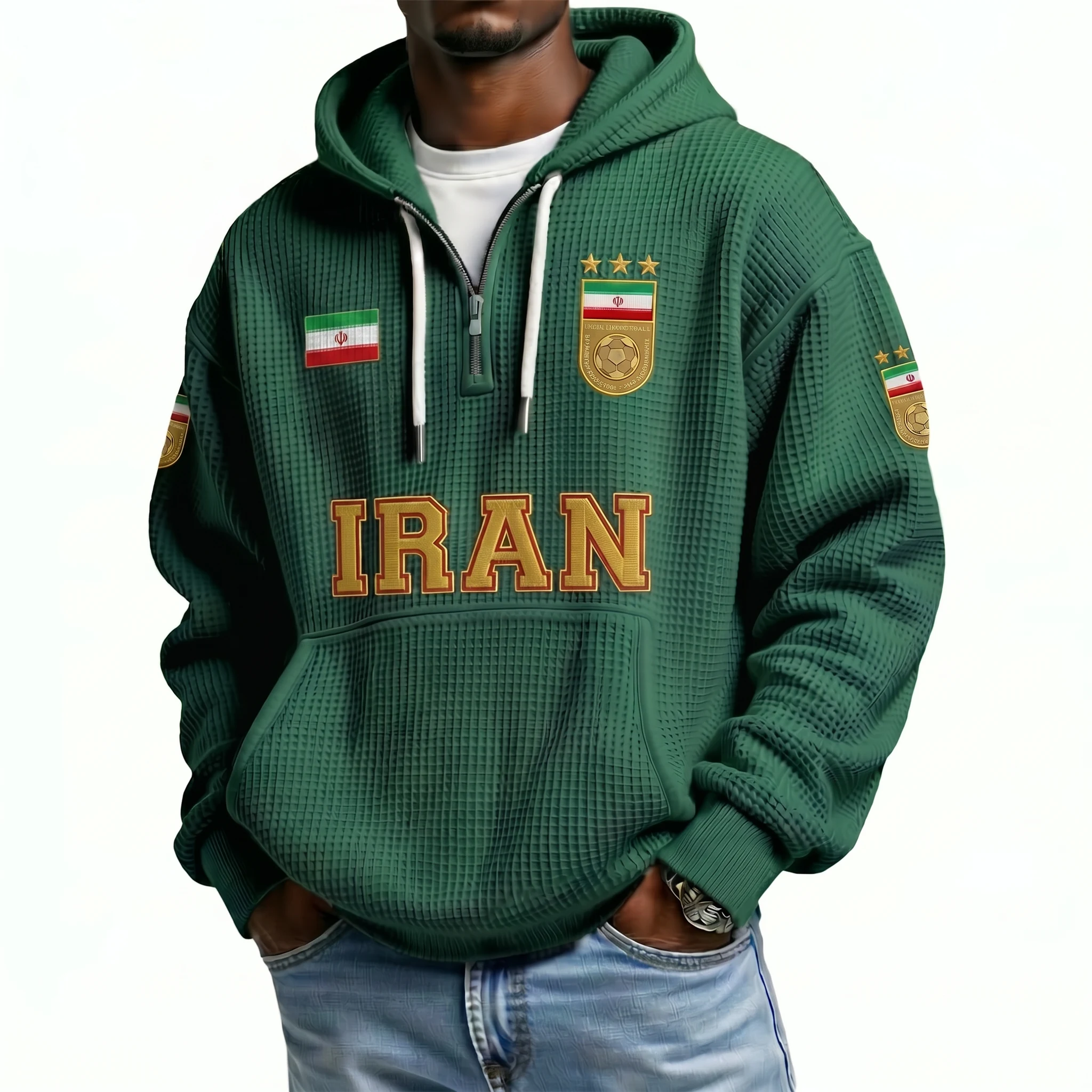 Iran Printed Waffle Quarter Zip Football Fan Hoodie
