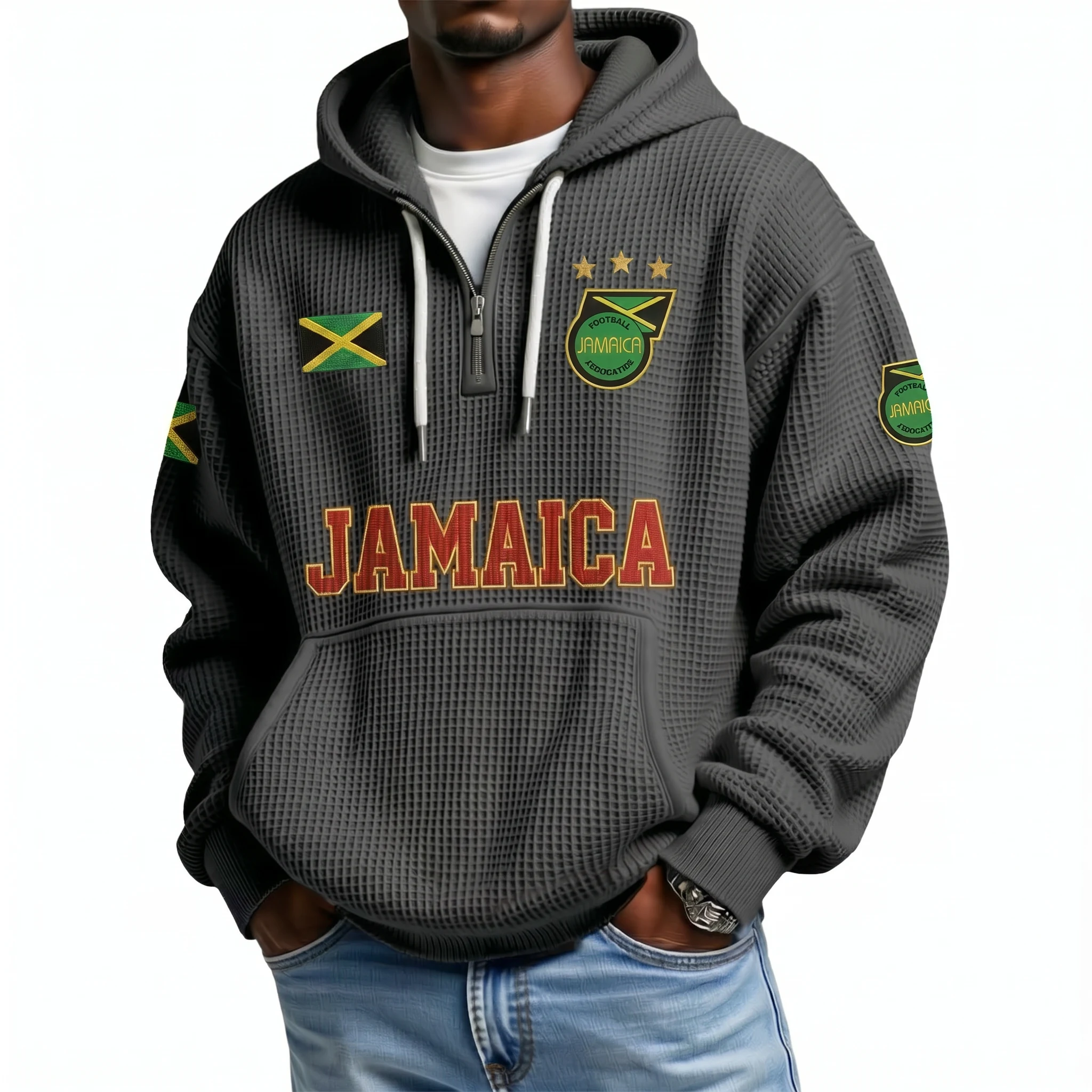 Jamaica Printed Waffle Quarter Zip Football Fan Hoodie