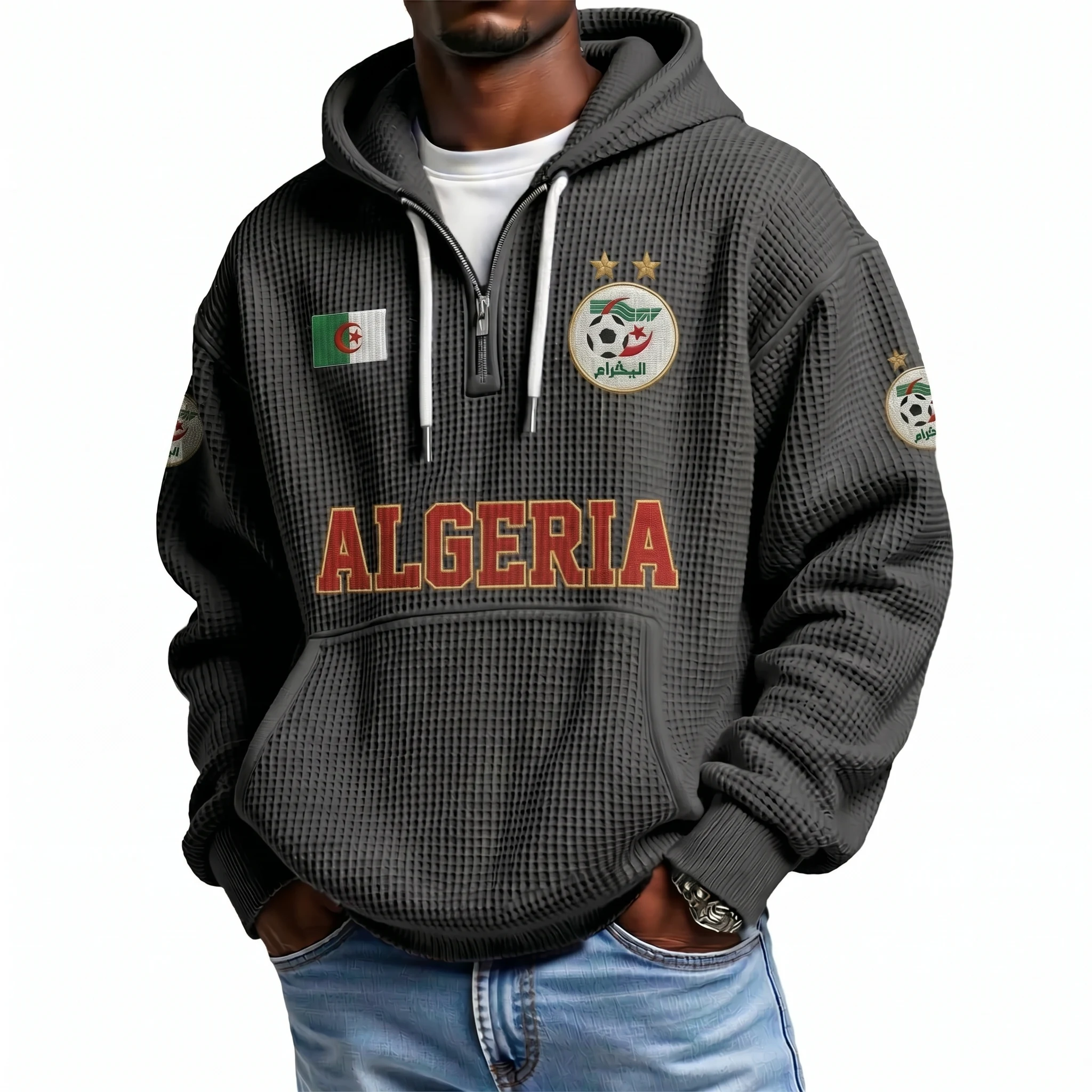 Algeria Printed Waffle Quarter Zip Football Fan Hoodie