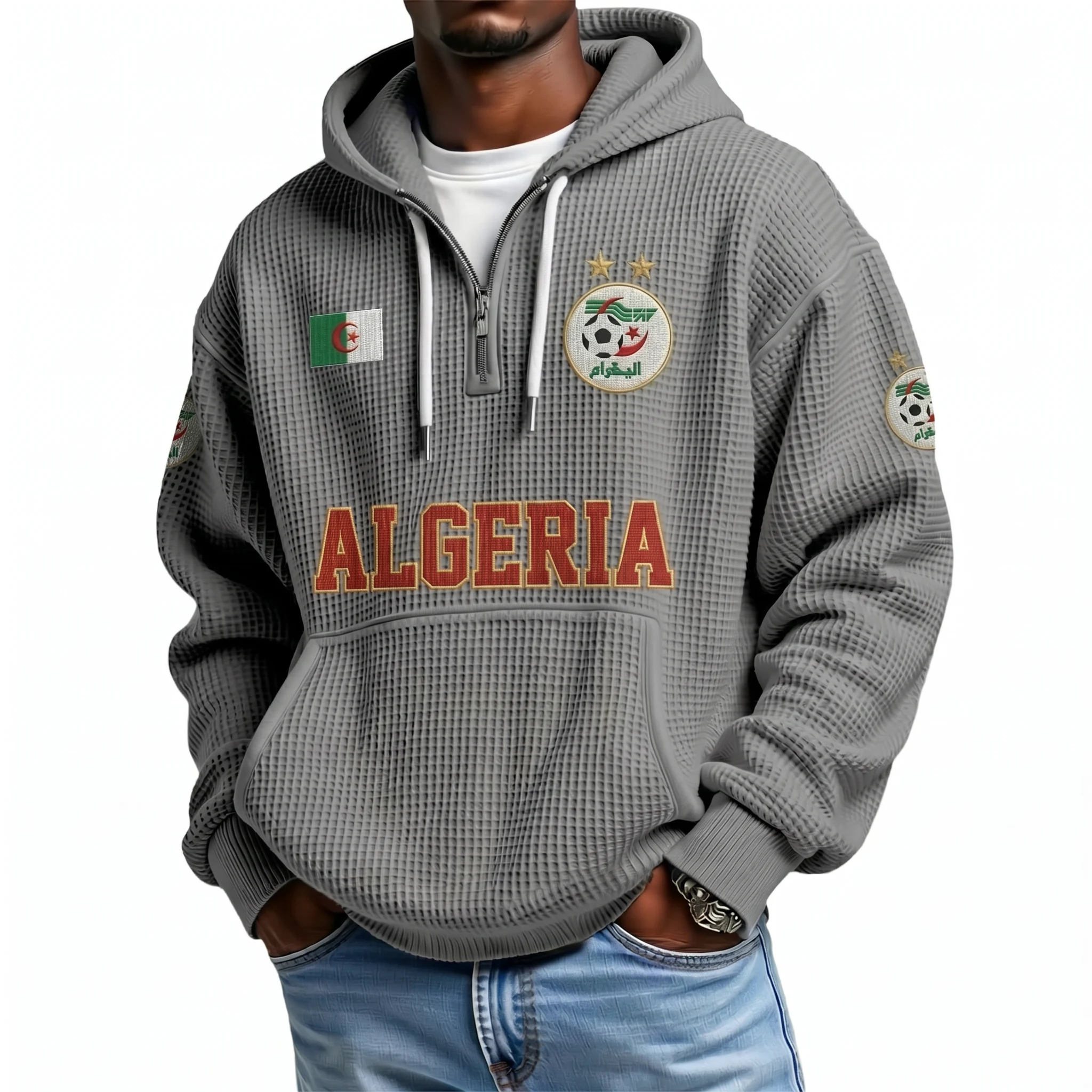 Algeria Printed Waffle Quarter Zip Football Fan Hoodie