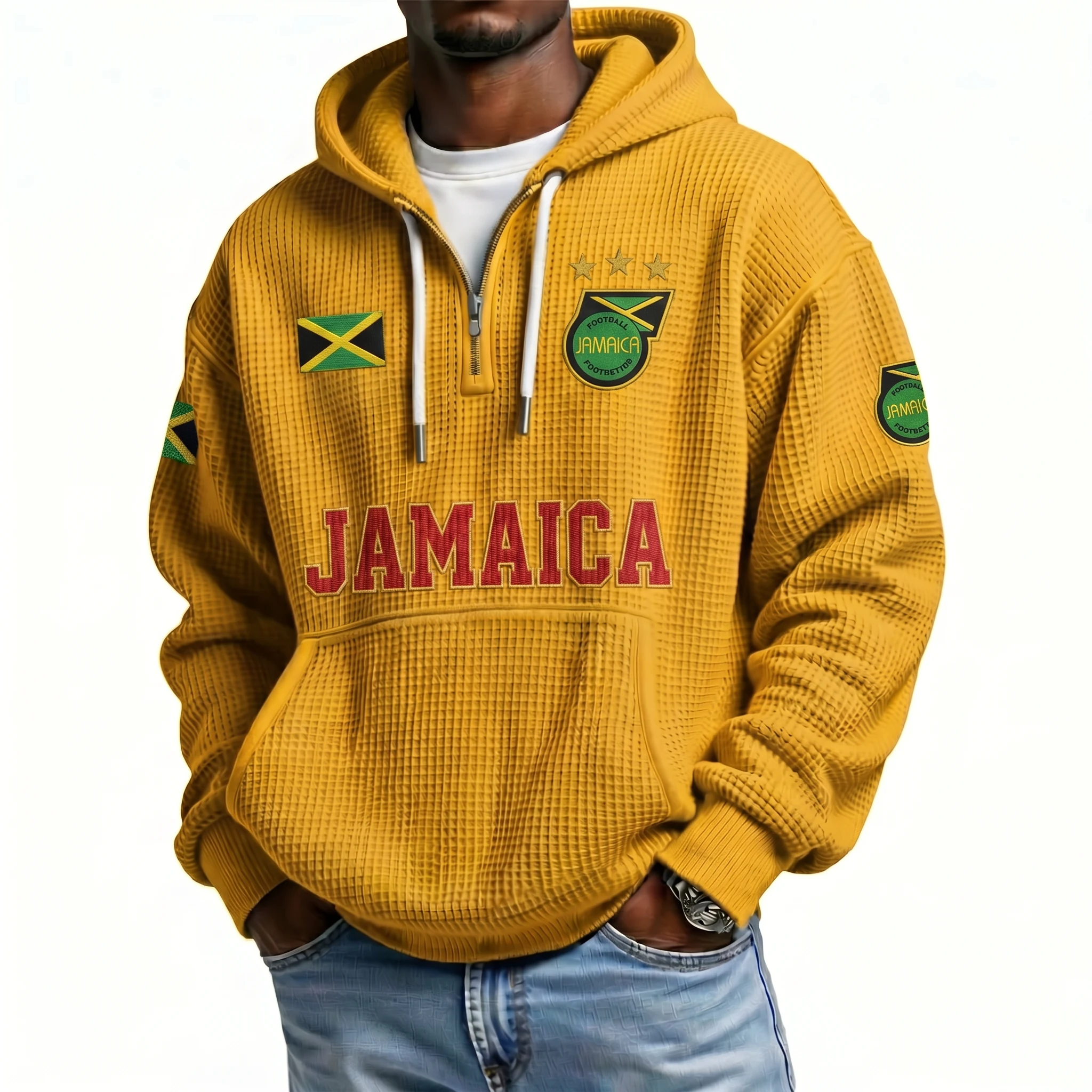 Jamaica Printed Waffle Quarter Zip Football Fan Hoodie