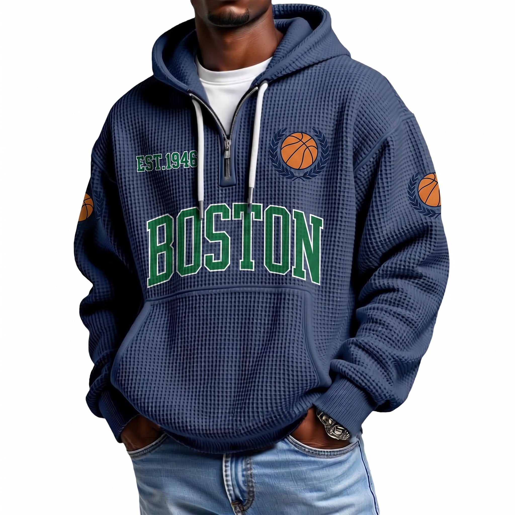 Boston Basketball EST 1946 Printed Waffle Quarter Zip Fan Hoodie