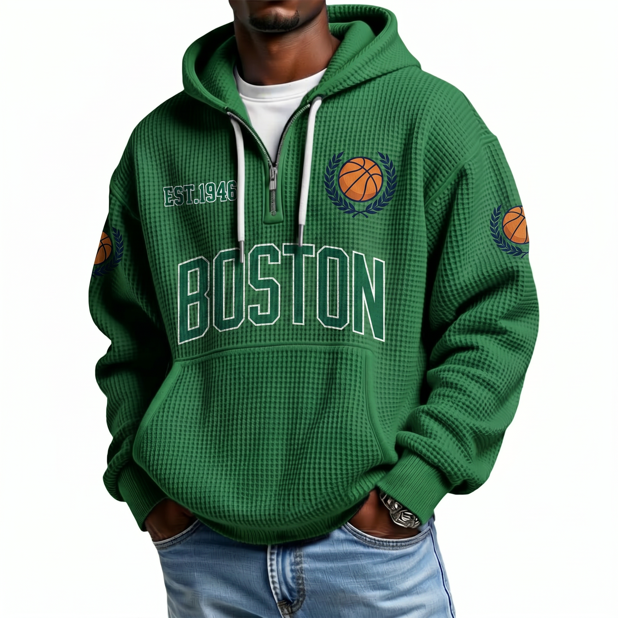 Boston Basketball EST 1946 Printed Waffle Quarter Zip Fan Hoodie