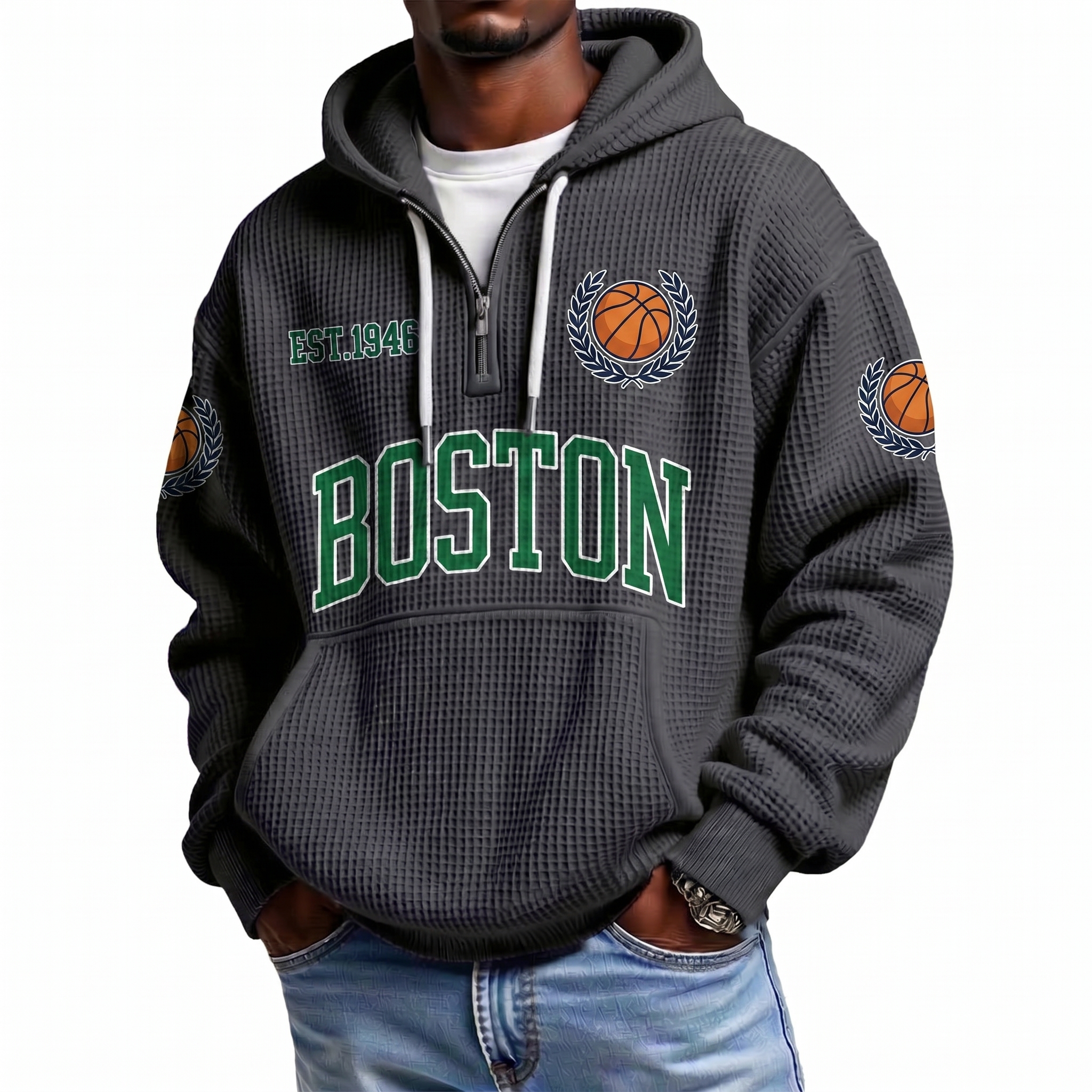 Boston Basketball EST 1946 Printed Waffle Quarter Zip Fan Hoodie