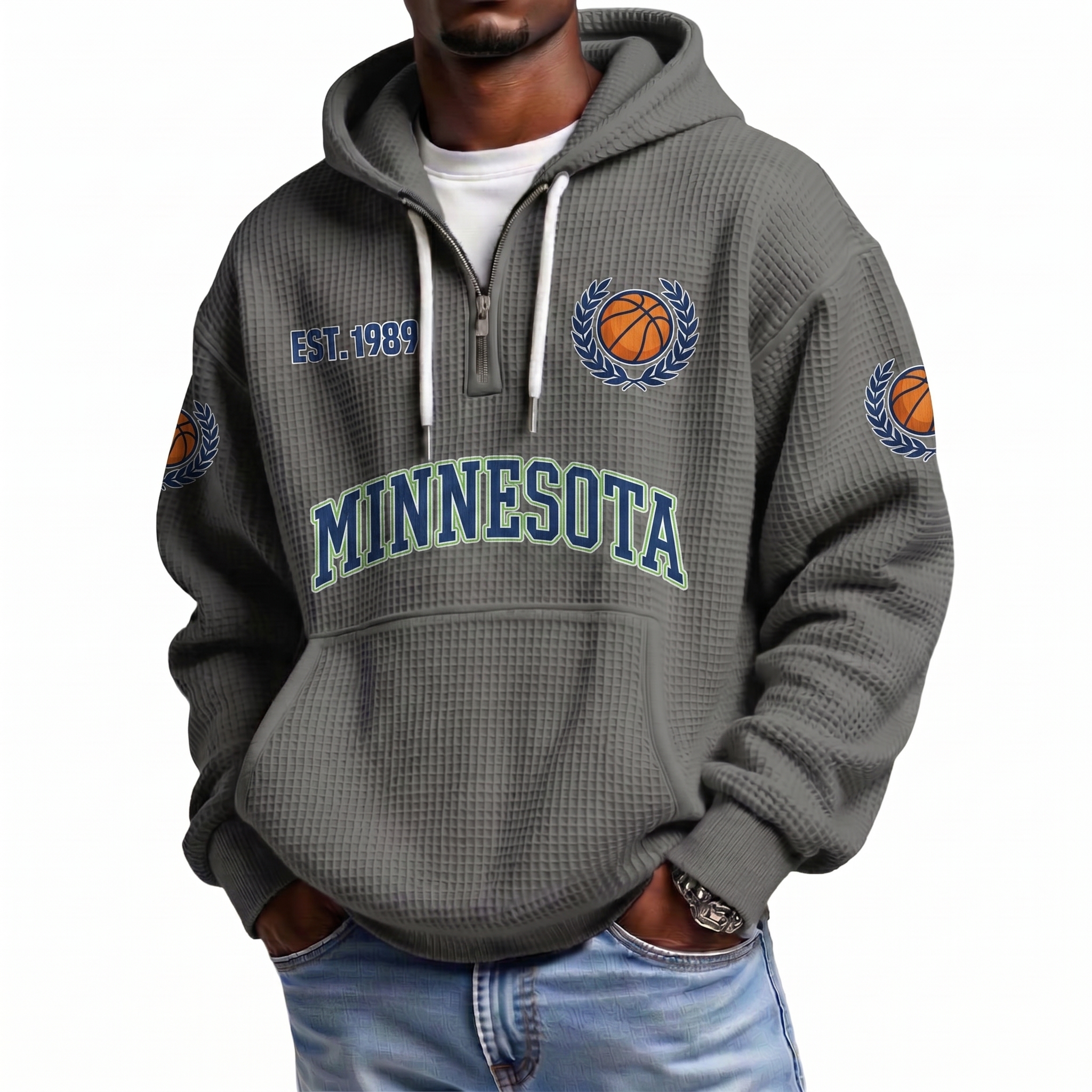 Minnesota Basketball EST 1989 Printed Waffle Quarter Zip Fan Hoodie