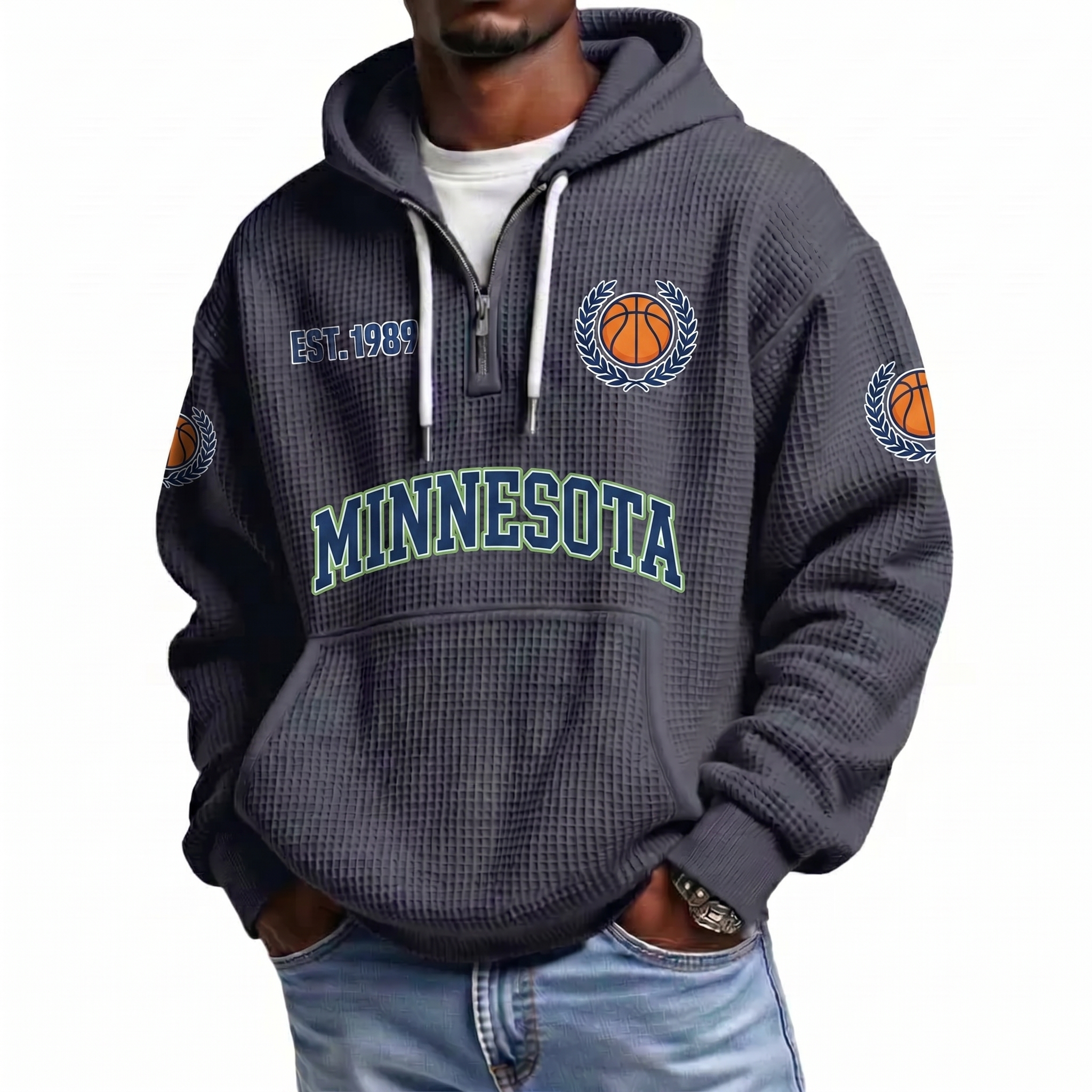 Minnesota Basketball EST 1989 Printed Waffle Quarter Zip Fan Hoodie