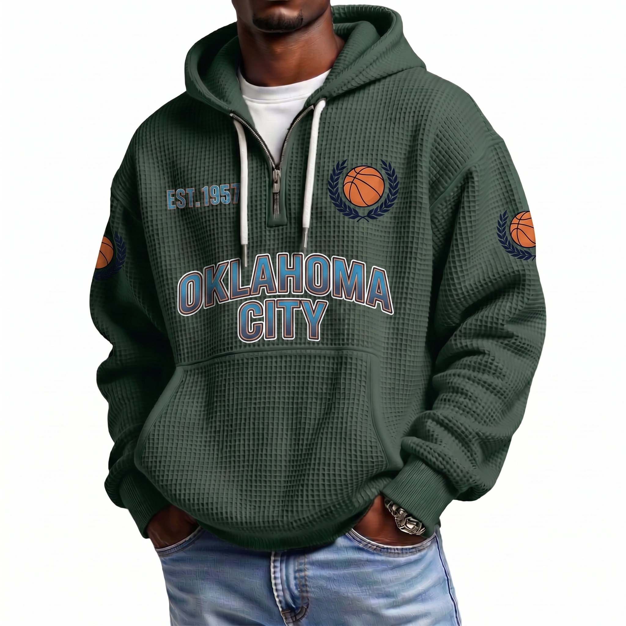 Oklahoma City Basketball EST 1967 Printed Waffle Quarter Zip Fan Hoodie