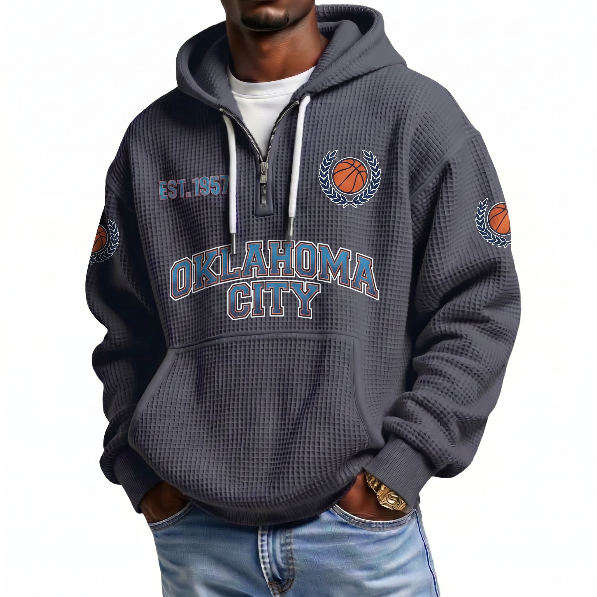 Oklahoma City Basketball EST 1967 Printed Waffle Quarter Zip Fan Hoodie