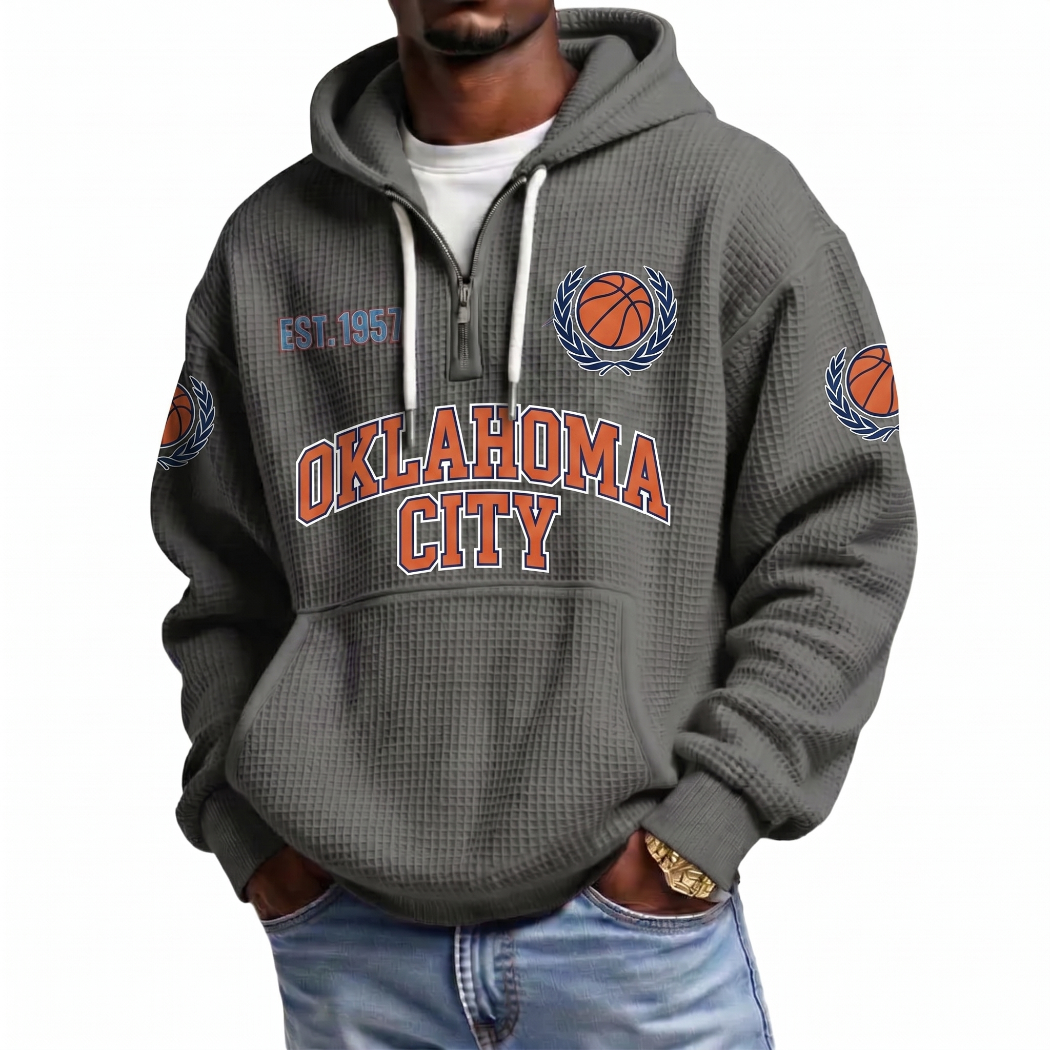 Oklahoma City Basketball EST 1967 Printed Waffle Quarter Zip Fan Hoodie